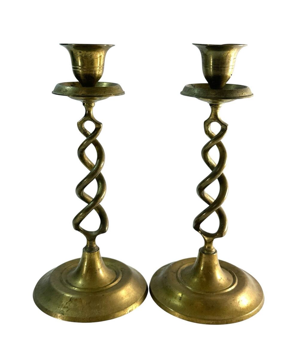 Vintage Gumps India Brass Spiral Twist Candlesticks Pair 8” Candle Holders